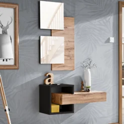 Mobile ingresso 100x160cm sospeso con specchi design moderno rovere e nero IP2