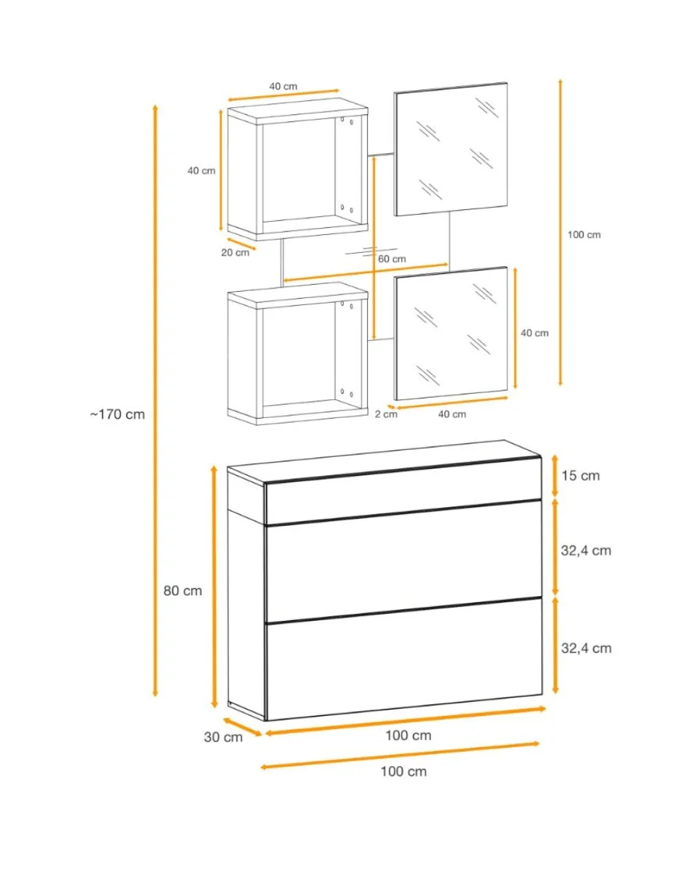 Mobile ingresso 100x190cm sospeso con pensile a due ante e specchi design moderno rovere e nero IP5