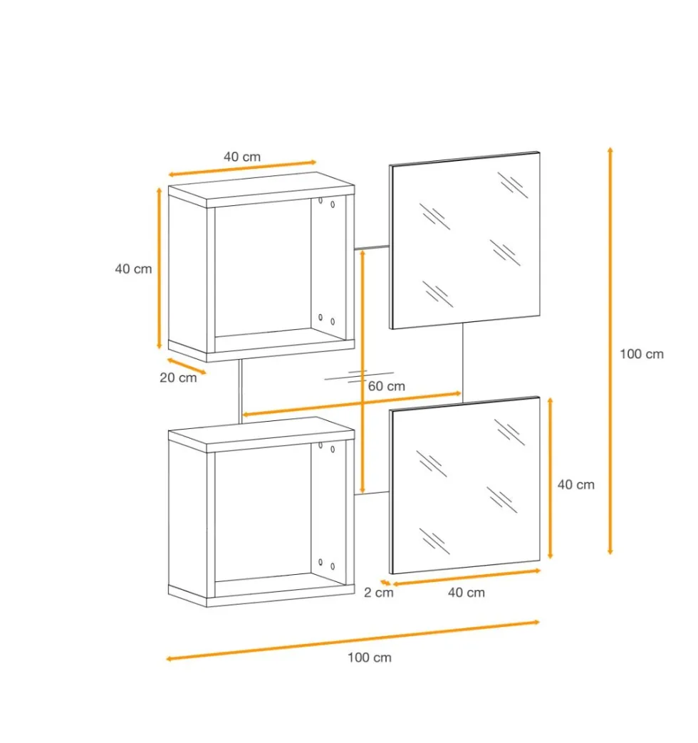 Mobile ingresso 100x190cm sospeso con pensile a due ante e specchi design moderno rovere e nero IP5
