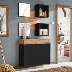 Mobile ingresso 100x190cm sospeso con pensile a due ante e specchi design moderno rovere e nero IP5