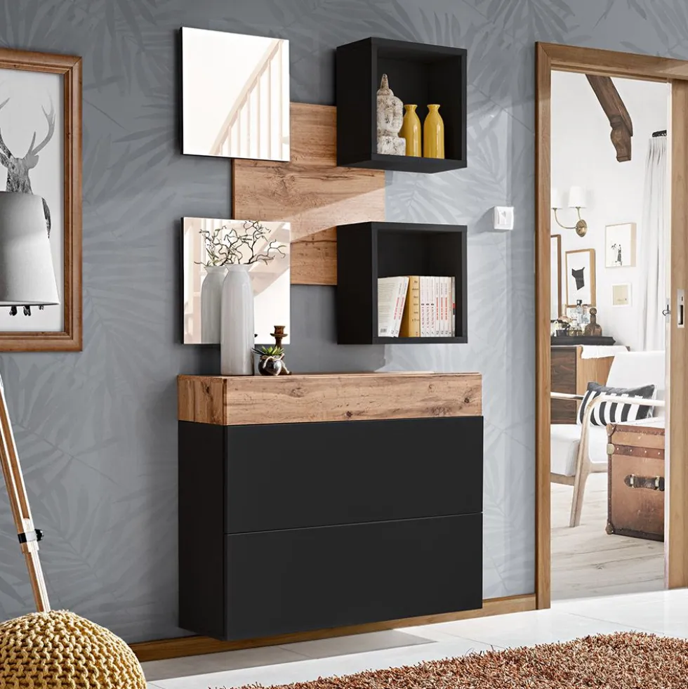 Mobile ingresso 100x190cm sospeso con pensile a due ante e specchi design moderno rovere e nero IP5