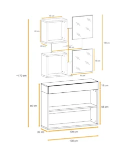 Mobile ingresso 100x190cm sospeso con pensili a giorno e specchi design moderno rovere e nero IP4