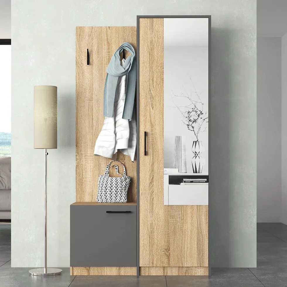 Mobile ingresso 95x175x36 cm con scarpiera rovere naturale e grigio IG5