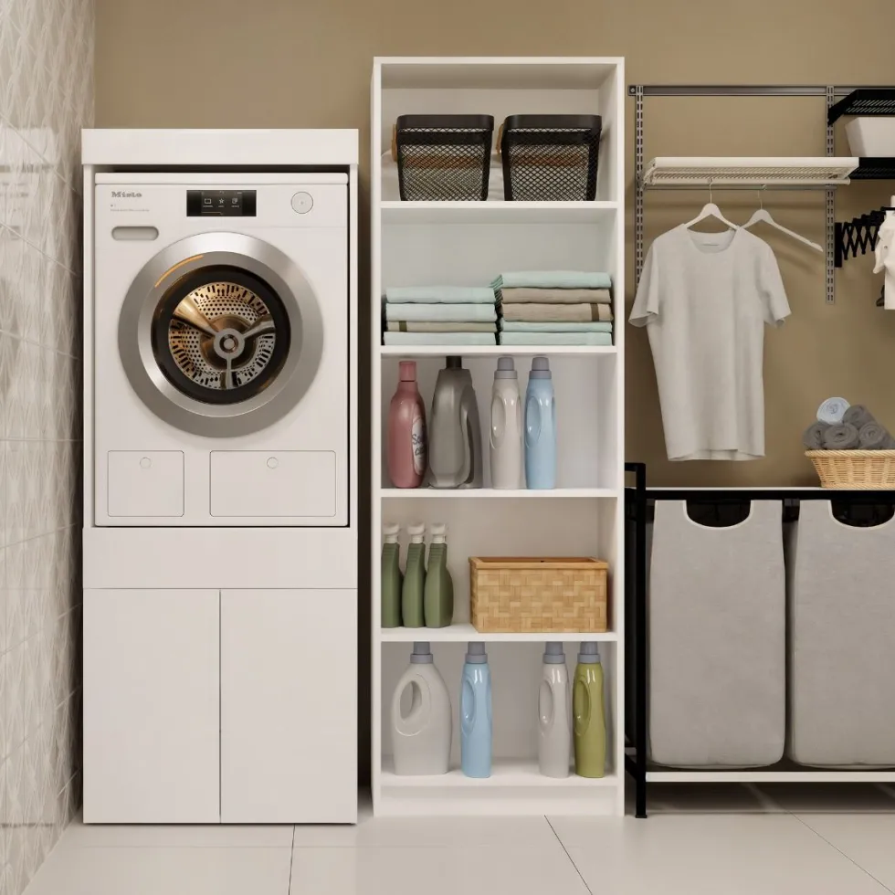 Mobile lavatrice 64,5x162,5 cm con cassetto e ante in bianco MLT4