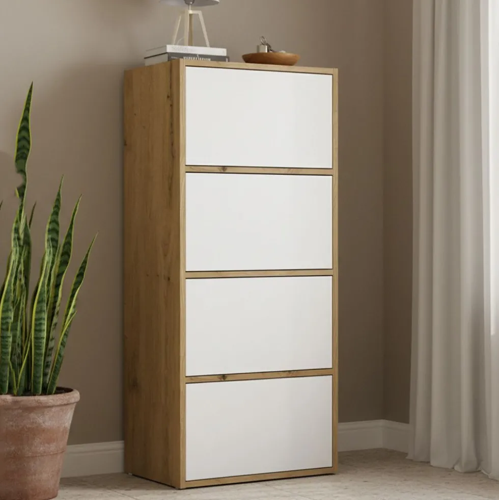 Mobile multiuso 50x119 cm con 4 ante tip-on bianco e rovere MMT1