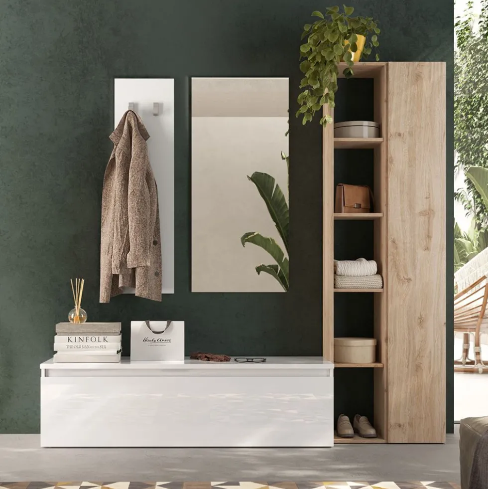 Mobile per ingresso con colonna 194x186 cm bianco lucido e rovere IL14