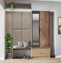 Mobile per ingresso invertibile rovere e grigio opaco con specchio e seduta 160x201 cm II23