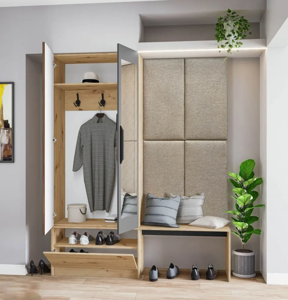 Mobile per ingresso invertibile rovere e grigio opaco con specchio e seduta 160x201 cm II23