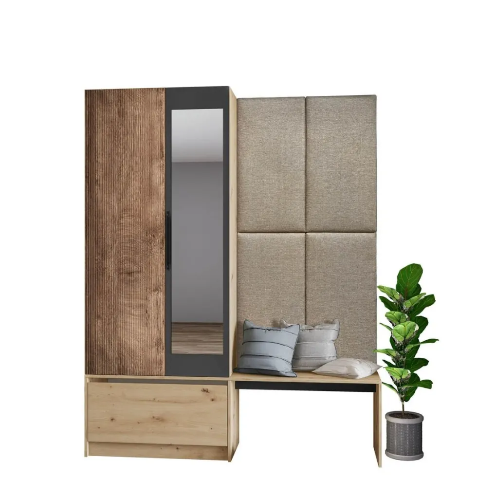 Mobile per ingresso invertibile rovere e grigio opaco con specchio e seduta 160x201 cm II23