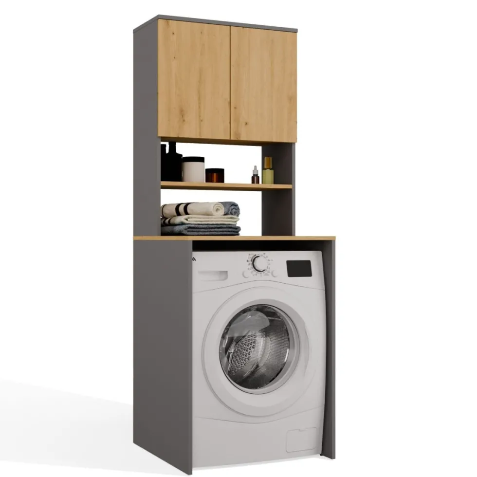 Mobile per lavatrice 64x180 cm con 2 ante e mensola rovere e antracite MLT2