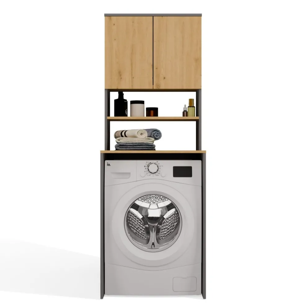 Mobile per lavatrice 64x180 cm con 2 ante e mensola rovere e antracite MLT2