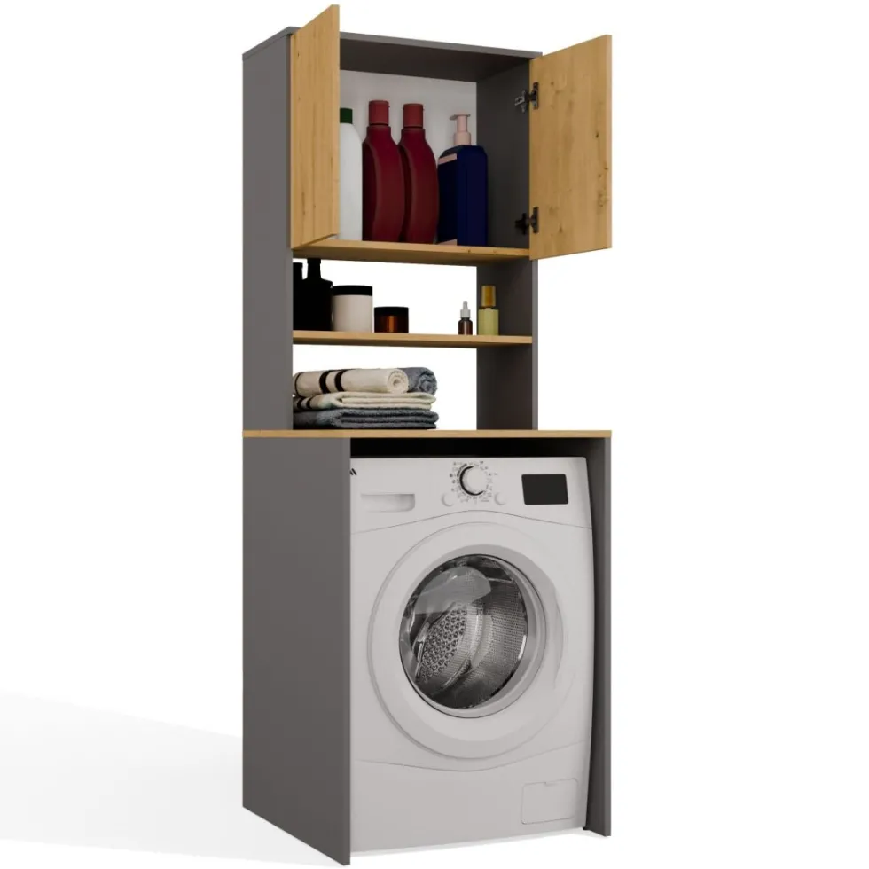 Mobile per lavatrice 64x180 cm con 2 ante e mensola rovere e antracite MLT2