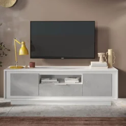 Mobile porta TV con 2 ante e un cassetto 184x58 cm bianco opaco e cemento PTL24