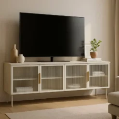 Mobile porta tv con 4 ante in vetro temperato e luce LED beige cashmere PTVLK26