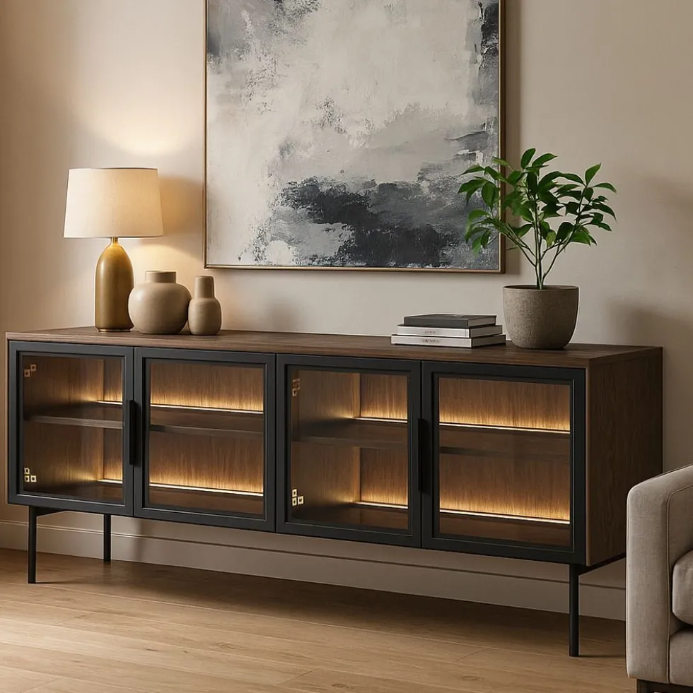 Mobile porta tv con 4 ante in vetro temperato e luce LED quercia scura e nero PTVLK26