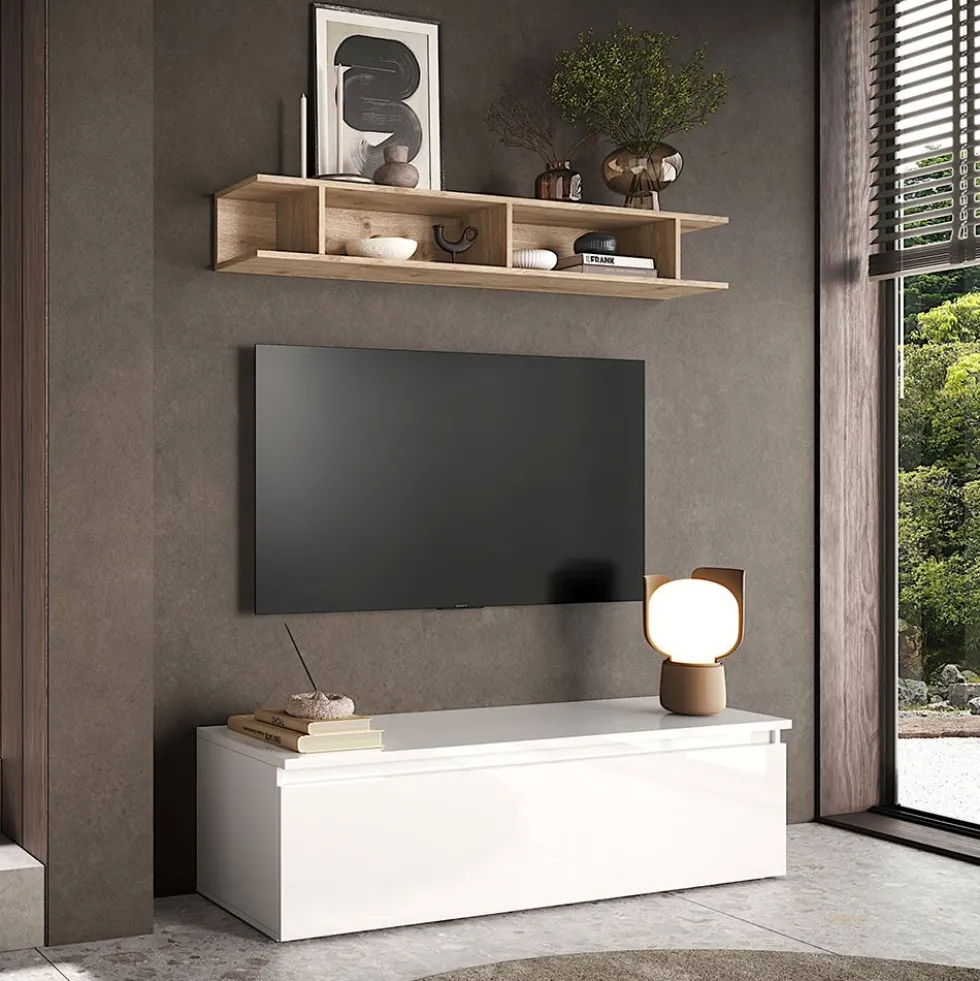 Mobile porta tv con mensola 138x40 cm bianco lucido e rovere PTL35