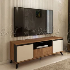 Mobile porta tv moderno con ante e cassetto 150x53,5x40 cm in rovere, grafite e beige PTVU1