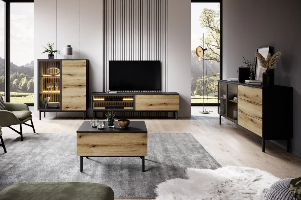 Mobile porta tv moderno con luce LED 180x55cm nero e rovere PTLK9