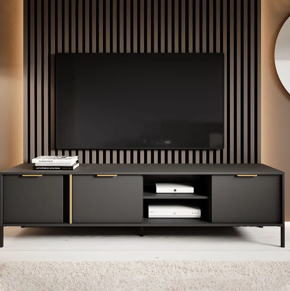 Mobile porta tv moderno 203x53cm antracite con dettagli oro PTVLK6