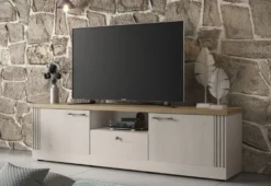 Mobile porta TV moderno 211x58 cm bianco effetto legno e rovere PTL25