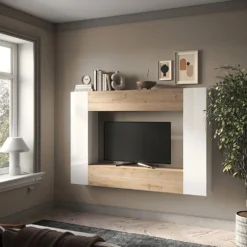 Mobile porta tv sospeso 180x180 cm bianco lucido e rovere PTL40