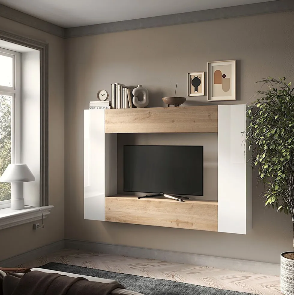 Mobile porta tv sospeso 180x180 cm bianco lucido e rovere PTL40