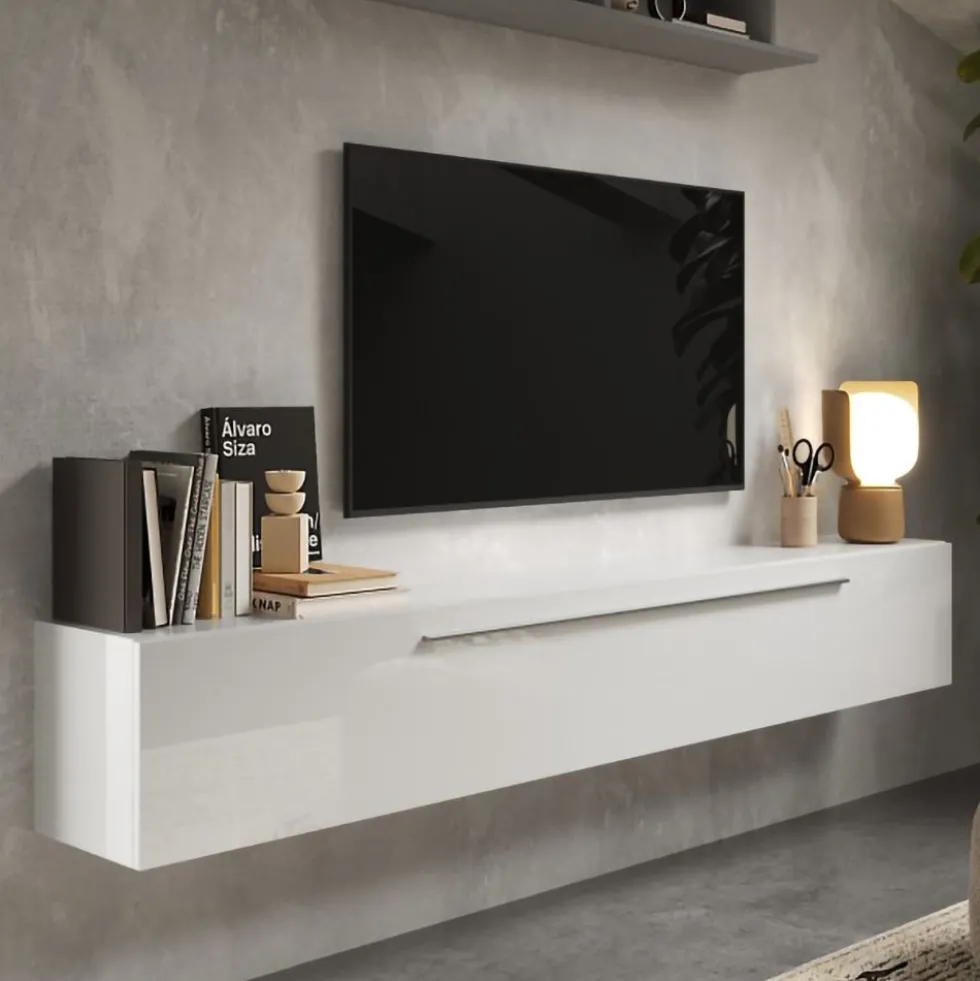 Mobile porta tv sospeso 210x180 cm grigio e bianco lucido PTL27
