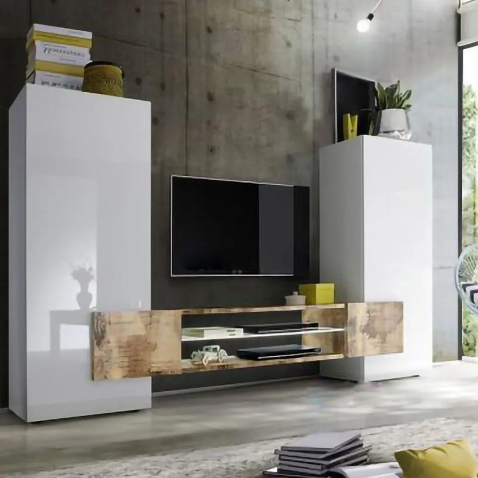 Mobile porta TV 258x143 grande moderno con frontali e ampio vano a giorno bianco e pero PTL17
