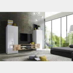 Mobile porta TV 258x143 grande moderno con frontali e ampio vano a giorno bianco e pero PTL17