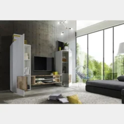 Mobile porta TV 258x143 grande moderno con frontali e ampio vano a giorno bianco e pero PTL17
