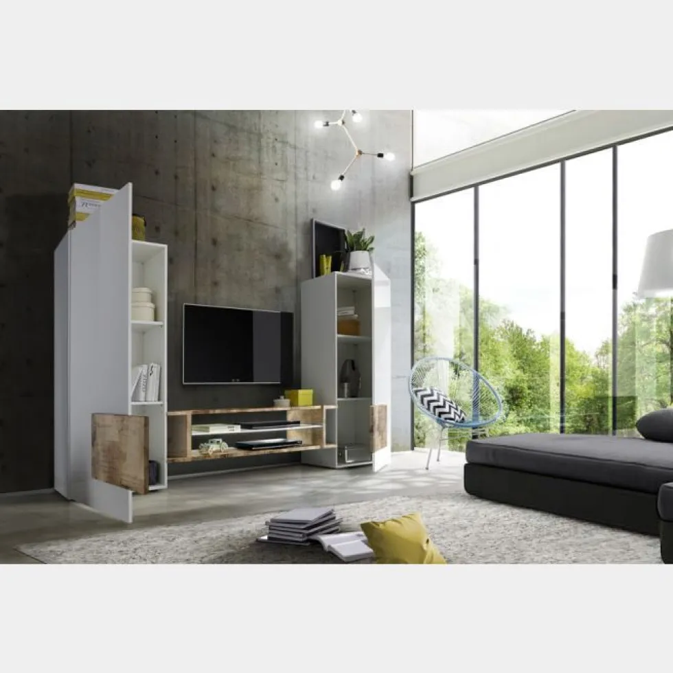 Mobile porta TV 258x143 grande moderno con frontali e ampio vano a giorno bianco e pero PTL17