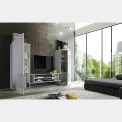 Mobile porta TV 258x143 grande moderno con frontali e ampio vano a giorno bianco e cemento PTL17