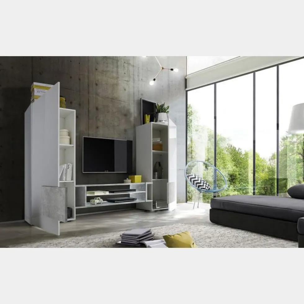 Mobile porta TV 258x143 grande moderno con frontali e ampio vano a giorno bianco e cemento PTL17