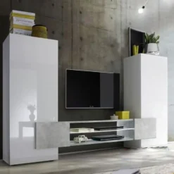 Mobile porta TV 258x143 grande moderno con frontali e ampio vano a giorno bianco e cemento PTL17