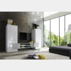 Mobile porta TV 258x143 grande moderno con frontali e ampio vano a giorno bianco e cemento PTL17
