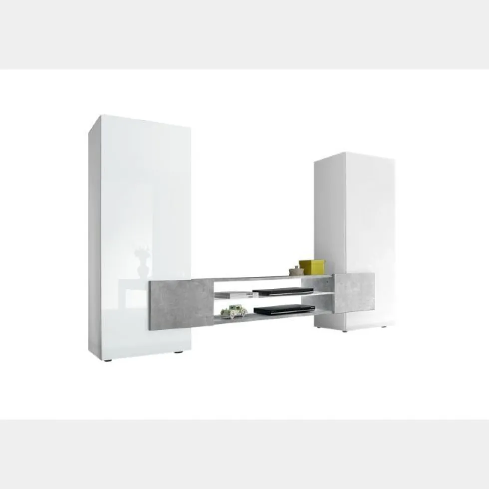 Mobile porta TV 258x143 grande moderno con frontali e ampio vano a giorno bianco e cemento PTL17