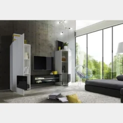 Mobile porta TV 258x143 grande moderno con frontali e ampio vano a giorno bianco e nero PTL17