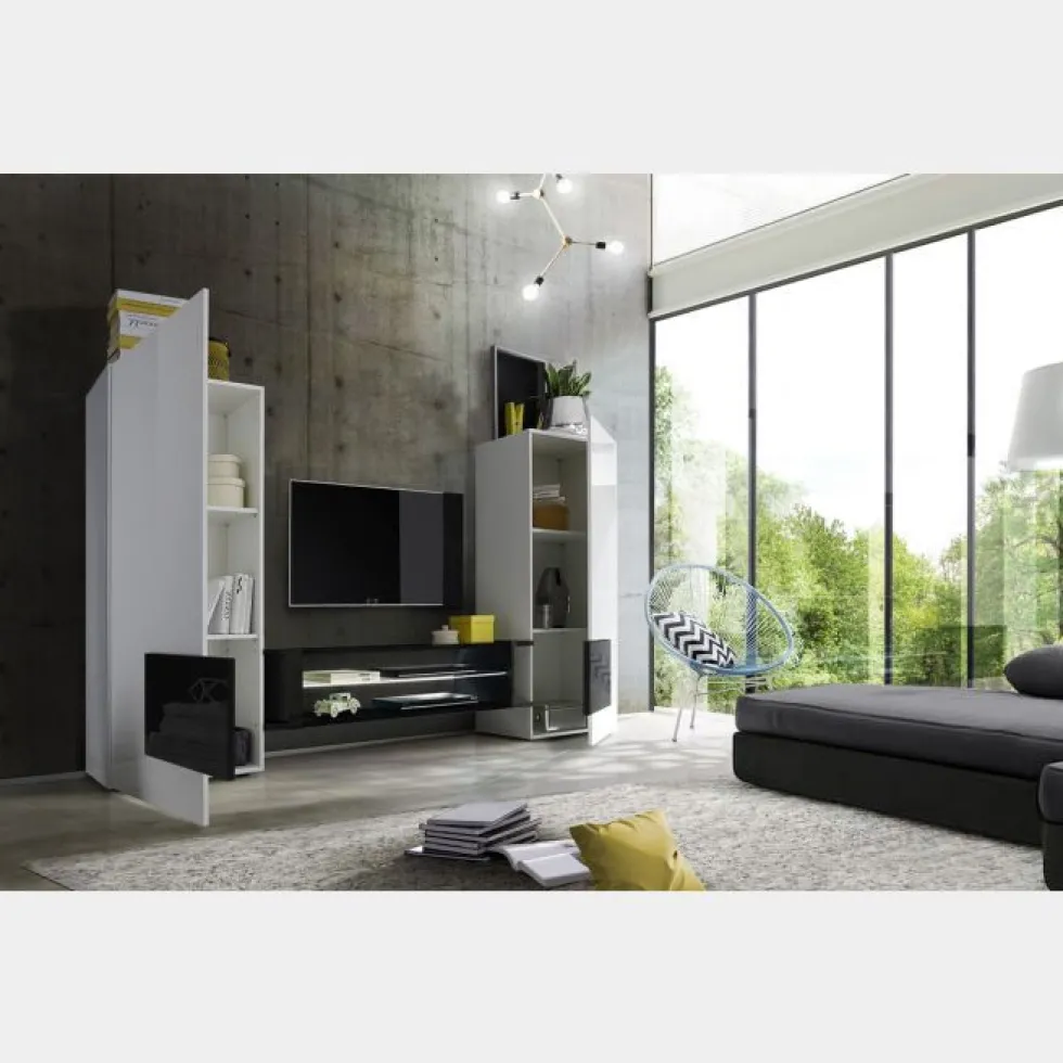 Mobile porta TV 258x143 grande moderno con frontali e ampio vano a giorno bianco e nero PTL17