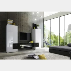 Mobile porta TV 258x143 grande moderno con frontali e ampio vano a giorno bianco e nero PTL17