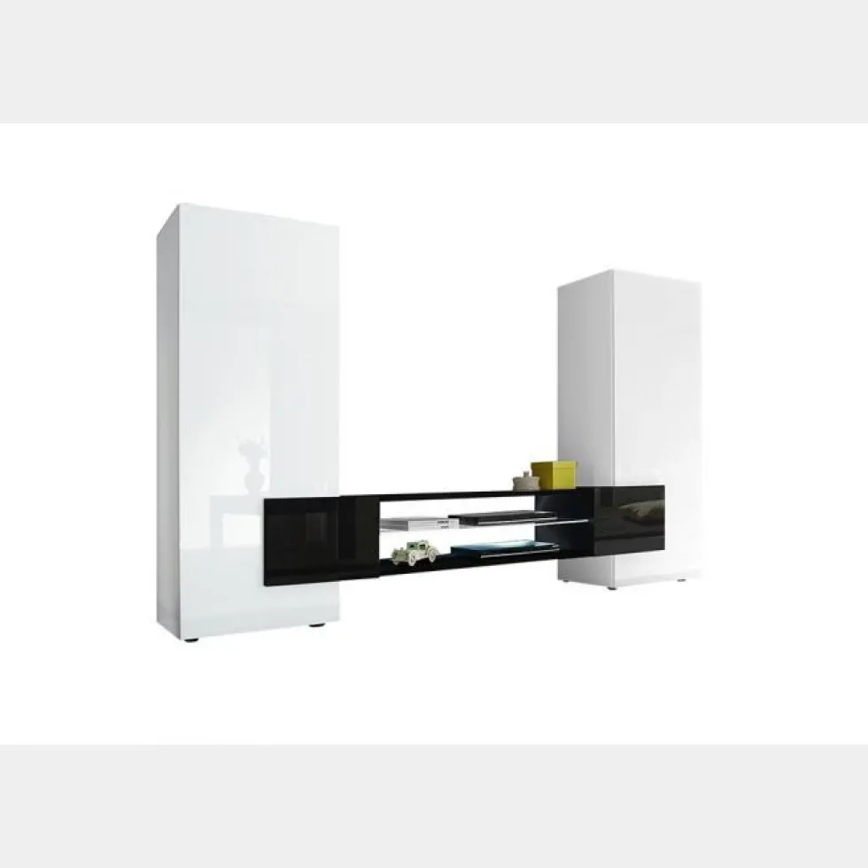 Mobile porta TV 258x143 grande moderno con frontali e ampio vano a giorno bianco e nero PTL17