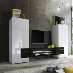 Mobile porta TV 258x143 grande moderno con frontali e ampio vano a giorno bianco e nero PTL17
