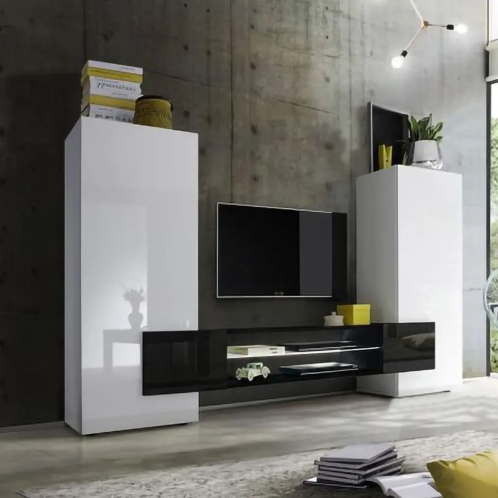 Mobile porta TV 258x143 grande moderno con frontali e ampio vano a giorno bianco e nero PTL17