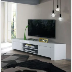Mobile porta TV 190x45 moderno basso con due vani a giorno centrali bianco lucido PTL1