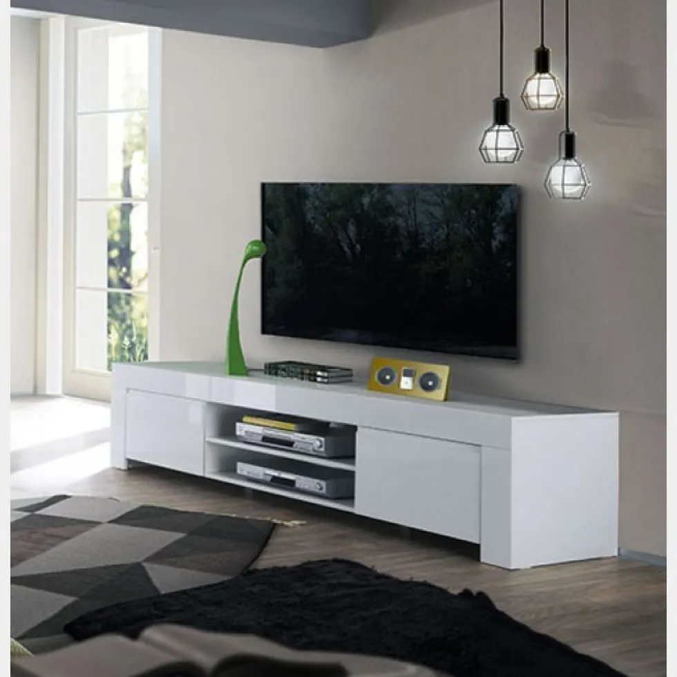 Mobile porta TV 190x45 moderno basso con due vani a giorno centrali bianco lucido PTL1