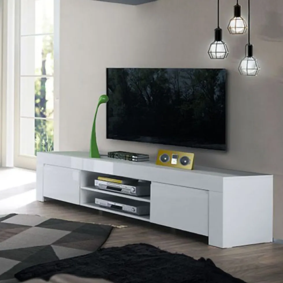 Mobile porta TV 190x45 moderno basso con due vani a giorno centrali bianco lucido PTL1