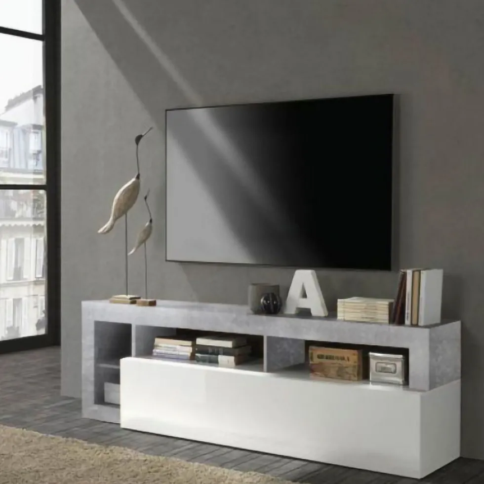 Mobile porta TV 184x58 moderno con anta a ribalta e vani a giorno bianco e cemento PTL9