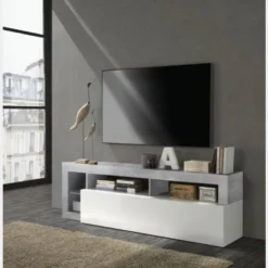 Mobile porta TV 184x58 moderno con anta a ribalta e vani a giorno bianco e cemento PTL9