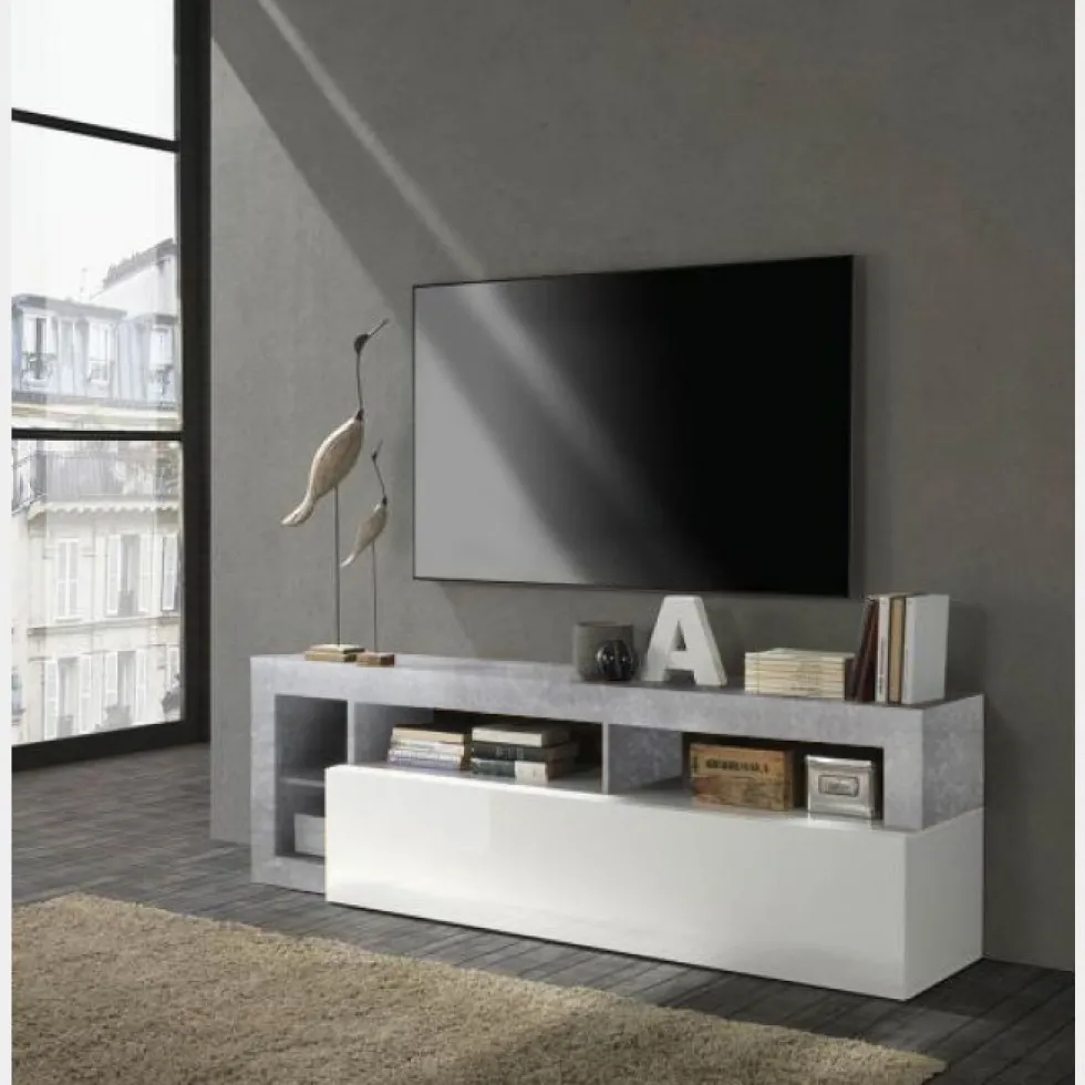 Mobile porta TV 184x58 moderno con anta a ribalta e vani a giorno bianco e cemento PTL9