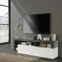Mobile porta TV 184x58 moderno con anta a ribalta e vani a giorno bianco e ossido PTL9
