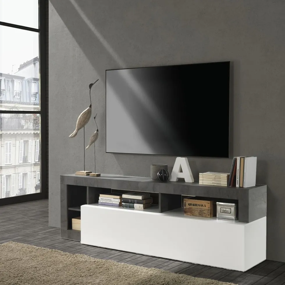 Mobile porta TV 184x58 moderno con anta a ribalta e vani a giorno bianco e ossido PTL9